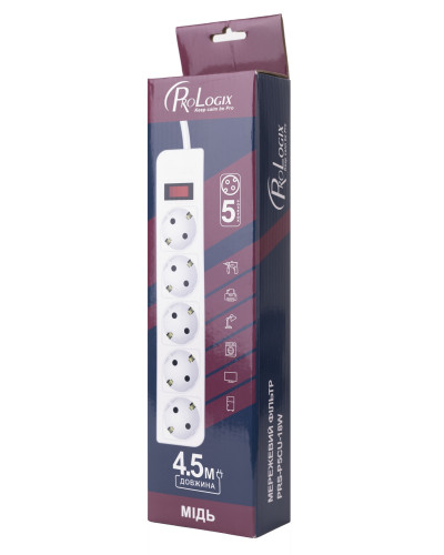 Фільтр живлення ProLogix (PRS-P5CU-45W) 3x1.0мм2 мідь, 5 розеток, 4.5 м, білий