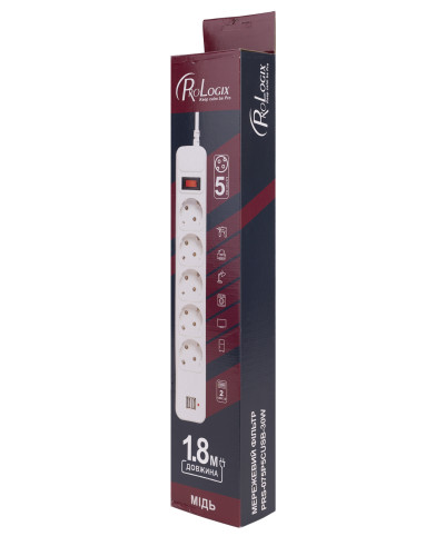 Фільтр живлення ProLogix (PRS-075P5CUSB-18W) 0.75 мм мідь, 5 розеток, 1.8 м, 2xUSB 3.0, білий