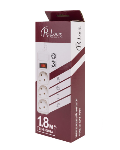 Фільтр живлення ProLogix (PRS-075P3-18W) 0.75 мм, 3 розетки, 1.8 м, білий