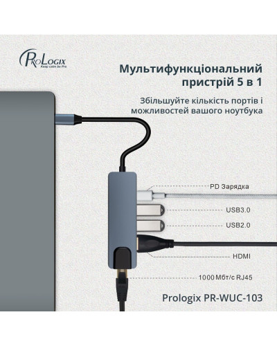 Док-станція ProLogix (PR-WUC-103B) 5 in 1 USB3.1 Type C to HDMI+2*USB3.0+USB C PD+Lan