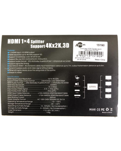 Розгалужувач (спліттер) Atcom (15190) HDMI 4 порти, підтримка UHD 4K