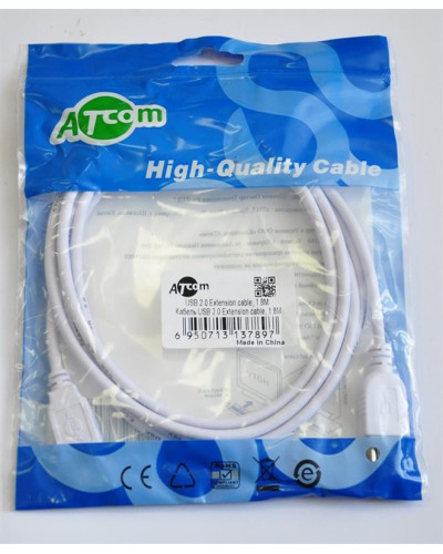Кабель Atcom USB - USB V 2.0 (F/M), подовжувач, 1.8 м, ferrite core, білий (3789)
